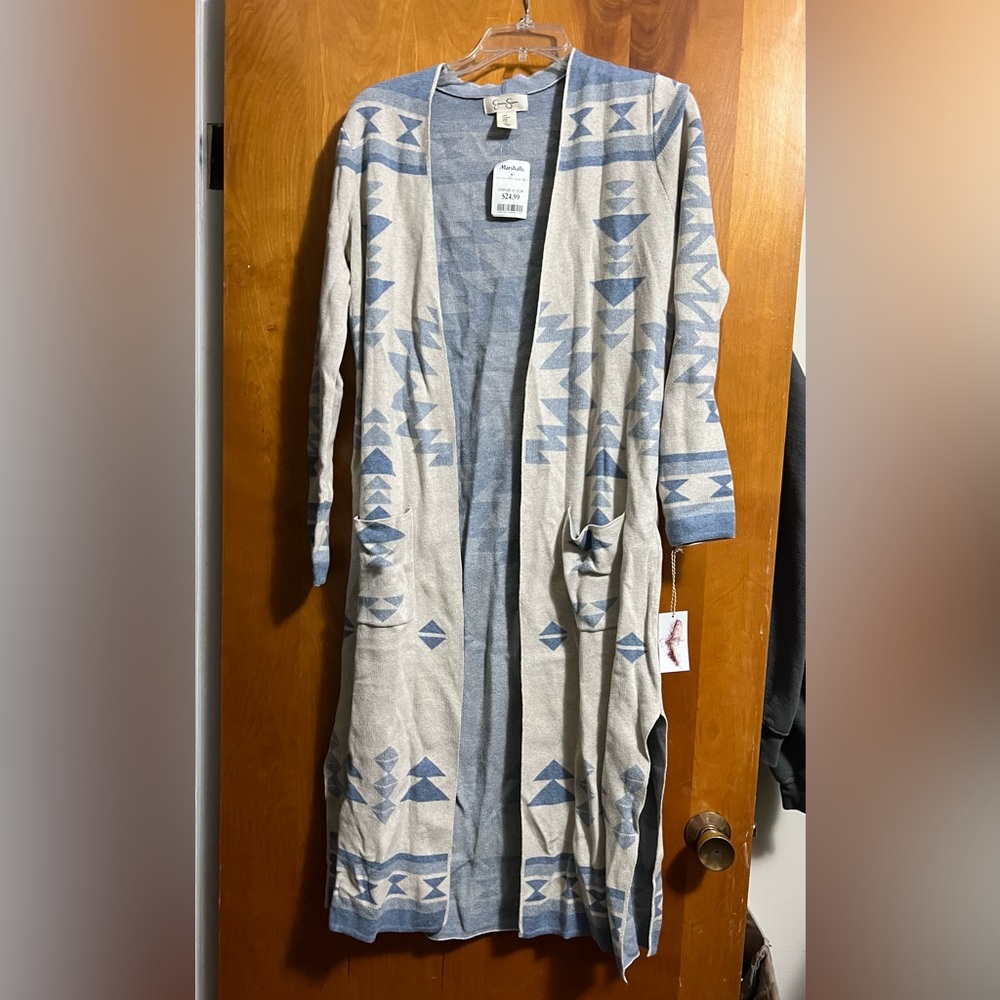 Jessica Simpson Blue and Cream Long Open Cardigan with Pockets M